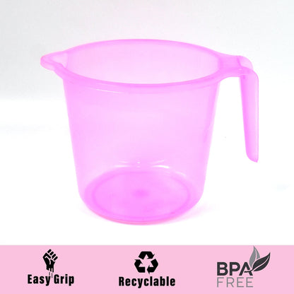 Assortment of transparent plastic bath mugs in various vibrant colours.