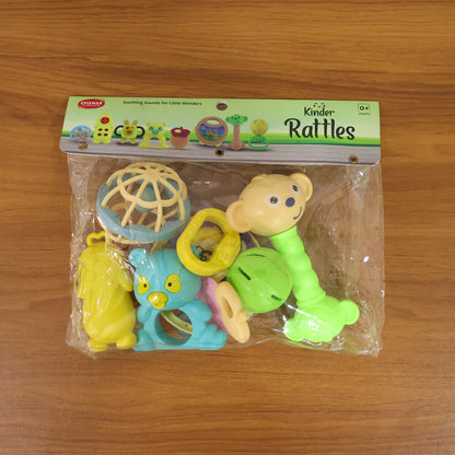 Overhead view of a neatly arranged collection of engaging baby rattles.