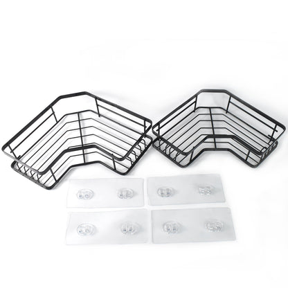 Two-piece stainless steel corner shelf organizer with black iron coating mounted on bathroom wall