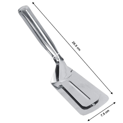 Versatile stainless steel cooking tong for various kitchen tasks.
