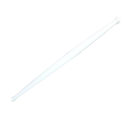 Durable white plastic rolling pin ready for chapati making on a kitchen counter.