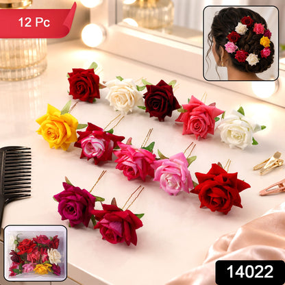 Close-up of several vibrant flower hair pins in various colours.