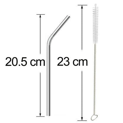 Four shiny bent metal straws and a cleaning brush laid out for inspection.