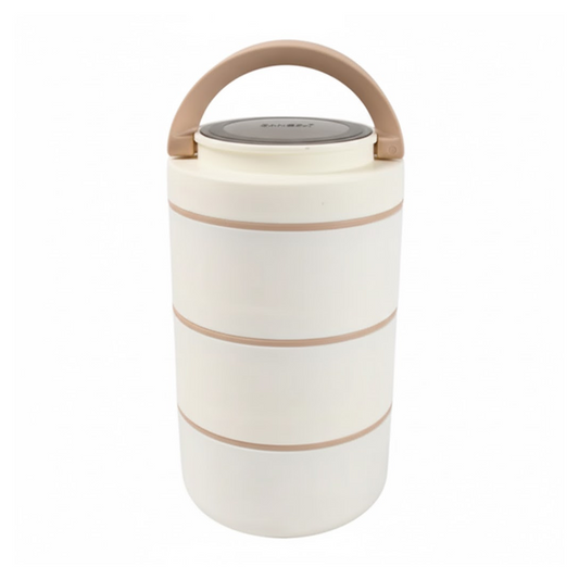 A three-layer Ganesh stainless steel lunch box, shown from the front with its secure lid.