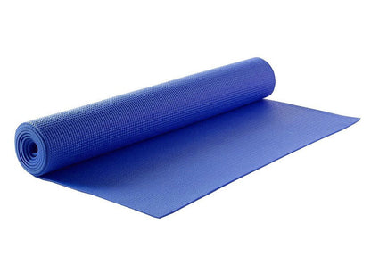 Yoga mat rolled up with carry strap and bag, ready for transport.