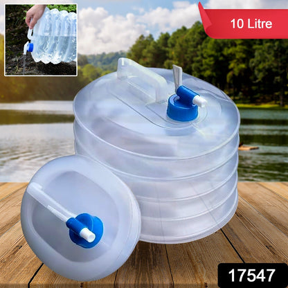 Collapsible water container with carry handle and tap valve in an outdoor setting.
