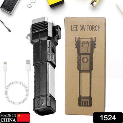 Multi-functional emergency flashlight demonstrating various light modes and safety features.