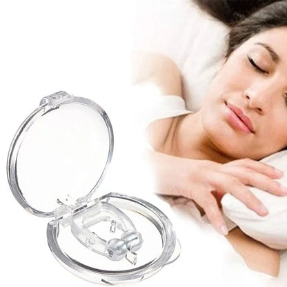 Compact anti-snoring nose clip with its protective case, promoting better sleep.