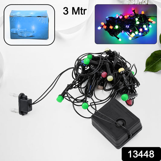 Close-up of bright multi-color LED string lights perfect for Diwali decorations.
