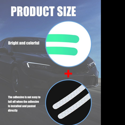 Detail shot of the multicolored reflective car wheel stickers catching light on a vehicle.