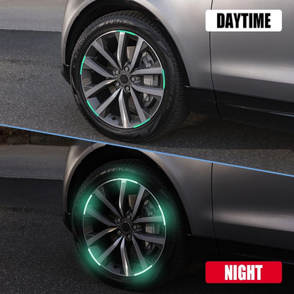 Pack of 20 multicolored reflective wheel stickers, ready for application.