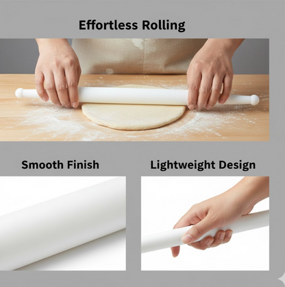 A white plastic rolling pin in use, making perfectly round chapatis on a wooden board.