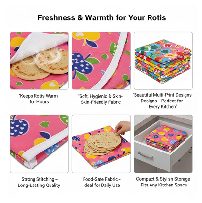 Illustration showcasing the design and benefits of the Tidy Table roti cover.