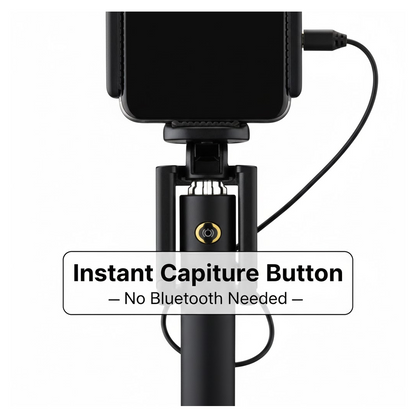 Set of selfie stick accessories, highlighting the aux wire and phone holder compatibility.