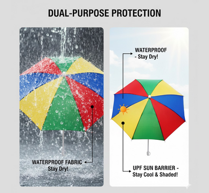 Two panels illustrate the DrizzlePro umbrella's dual protection: one shows it shedding rain, the other shows it providing