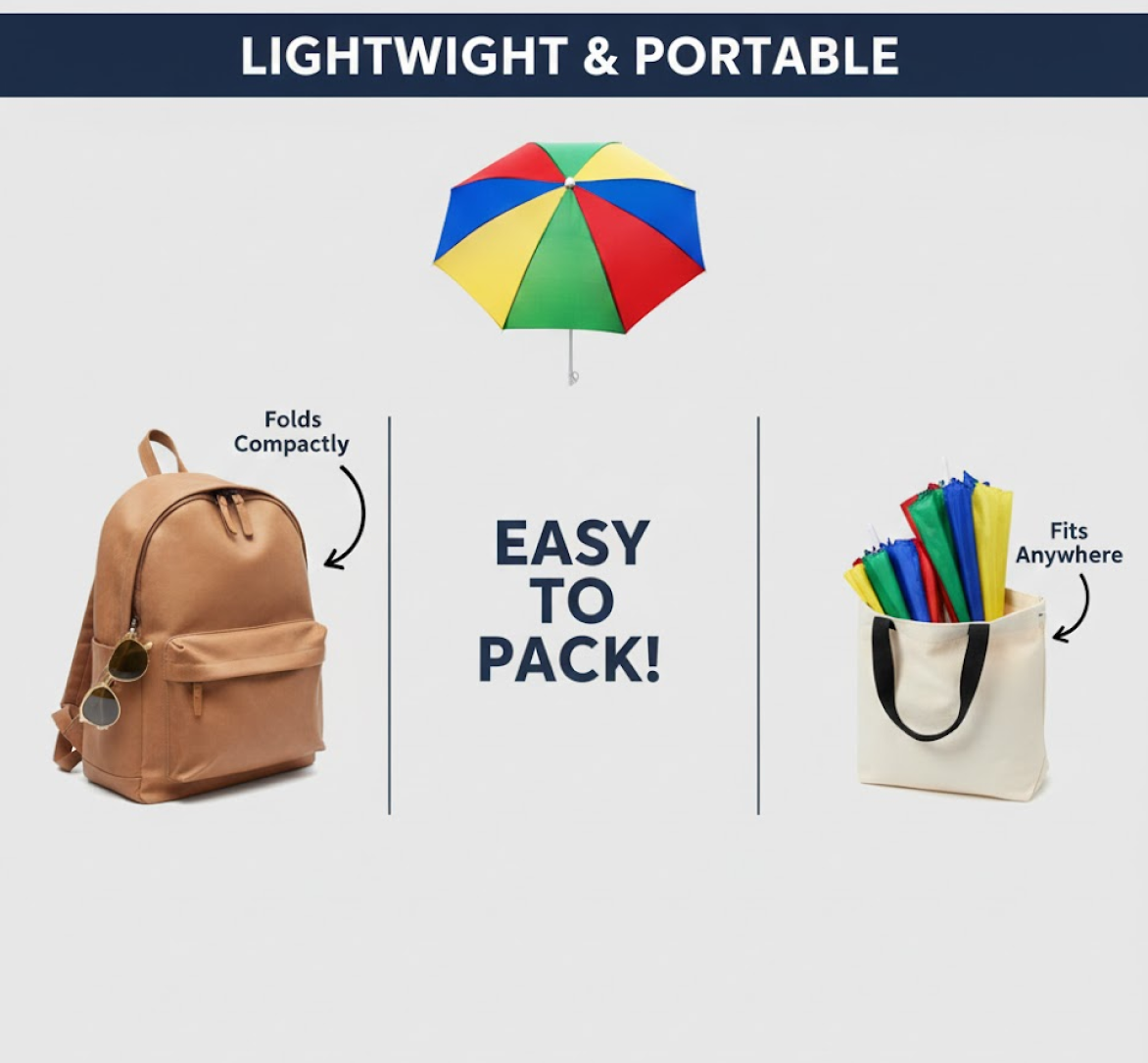 The DrizzlePro umbrella is shown above a backpack and a tote bag, illustrating its compact portability when folded.