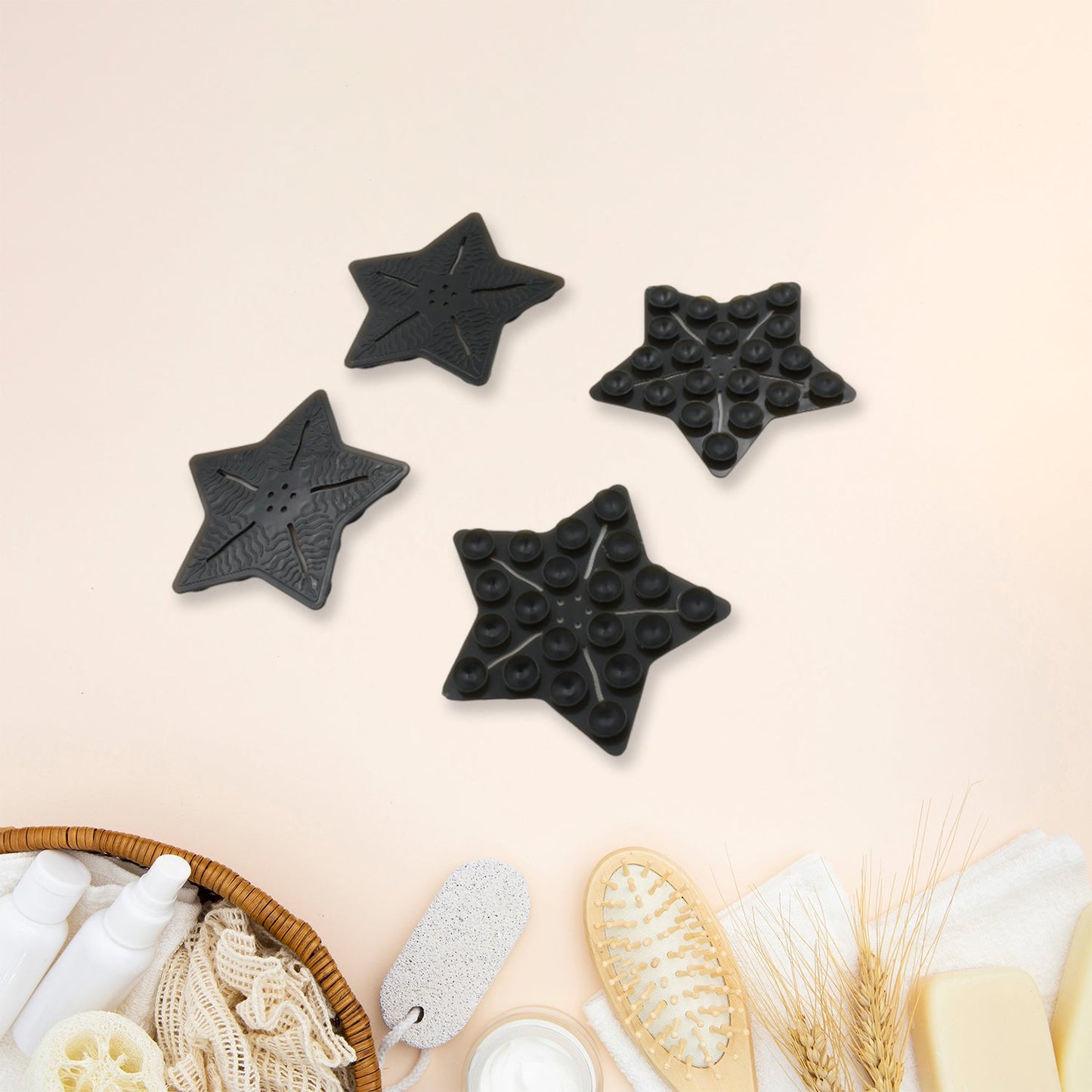 Colorful star-shaped kids anti-slip bath mats in a 4-piece set.