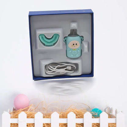 Packaging of the MintGuard U-shaped Kids Electric Toothbrush with key features highlighted.