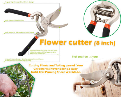 Sharp pruning shears with stainless steel bypass blades.