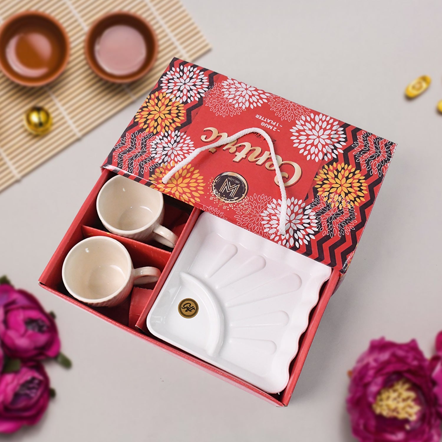 Elegant ceramic tea cup set with plastic serving tray in modern setting