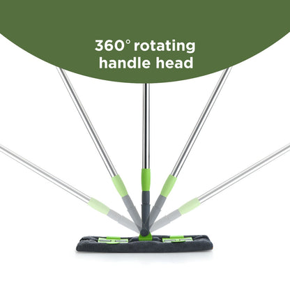 Multi-color microfiber flat mop with an extended telescopic handle, ready for versatile floor cleaning.