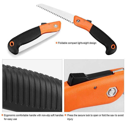 The folding saw securely locked in its open position for safe use.