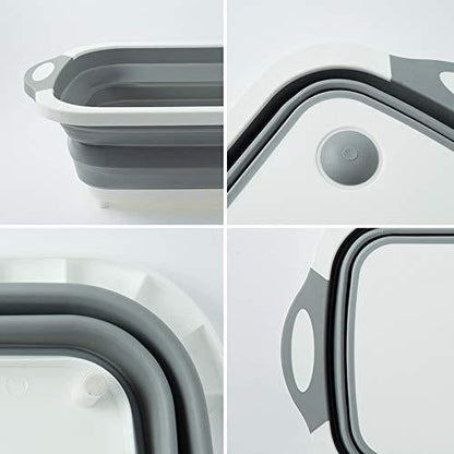 Foldable chopping board with integrated draining basket for washing fruits and vegetables.