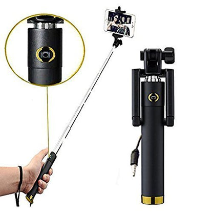 A smartphone connected to the selfie stick via aux wire, ready for instant use.