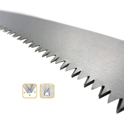 The robust folding saw handle with non-slip rubber grip.