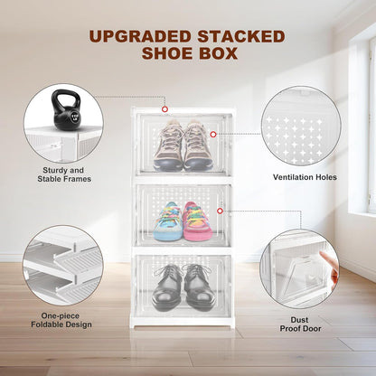 Plastic stackable storage rack used for organizing folded clothes in a closet.