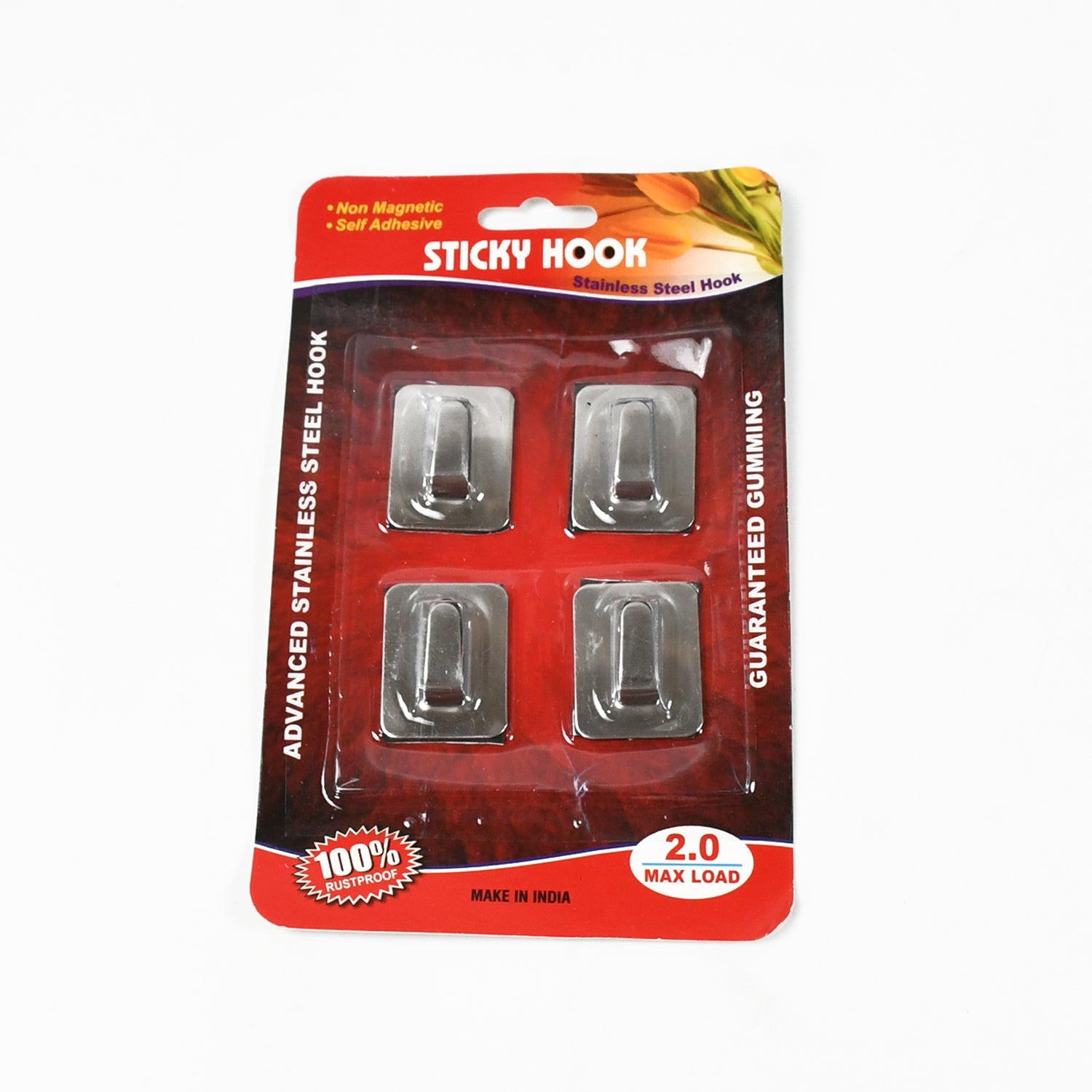 Back view of a stainless steel hook showing its strong adhesive backing.