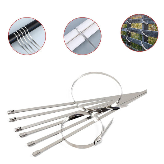 Close-up of a bundle of 100 BoltForce Stainless Steel Cable Ties, showcasing their metallic finish.