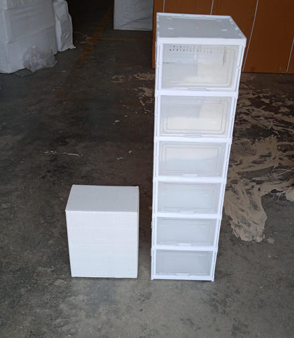 Multi-functional storage cart in a laundry room, holding detergents and supplies.