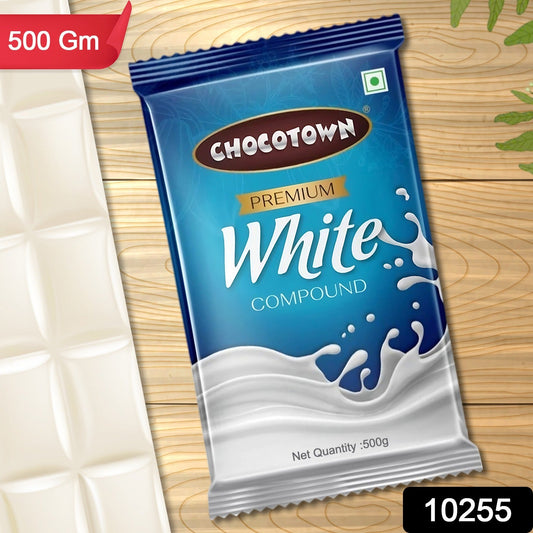Close-up of the Chocotown White Compound Chocolate slab in its branded packaging.