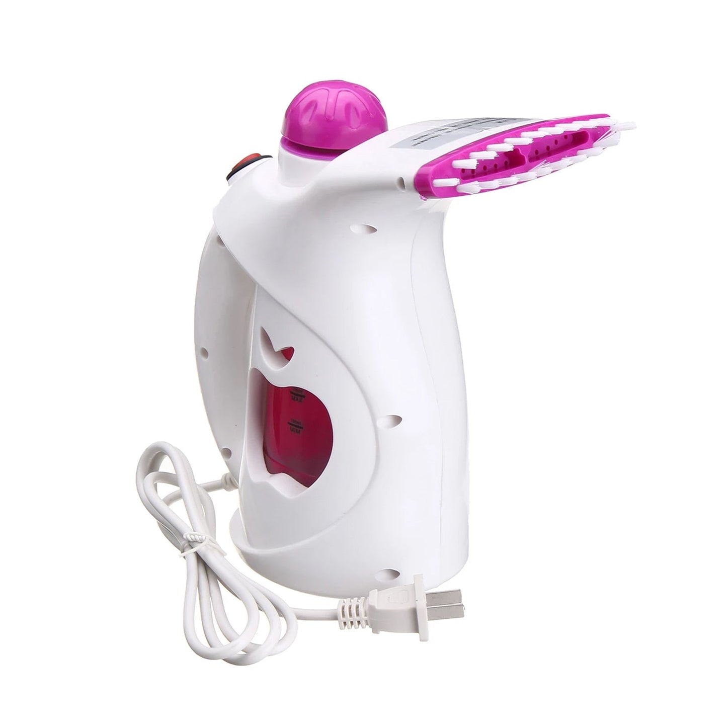 Versatile fabric steam tool showing its dual function for clothes and beauty.