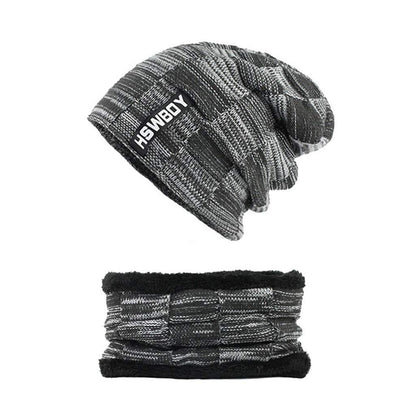 Front view of the comfortable and versatile woolen beanie scarf set.