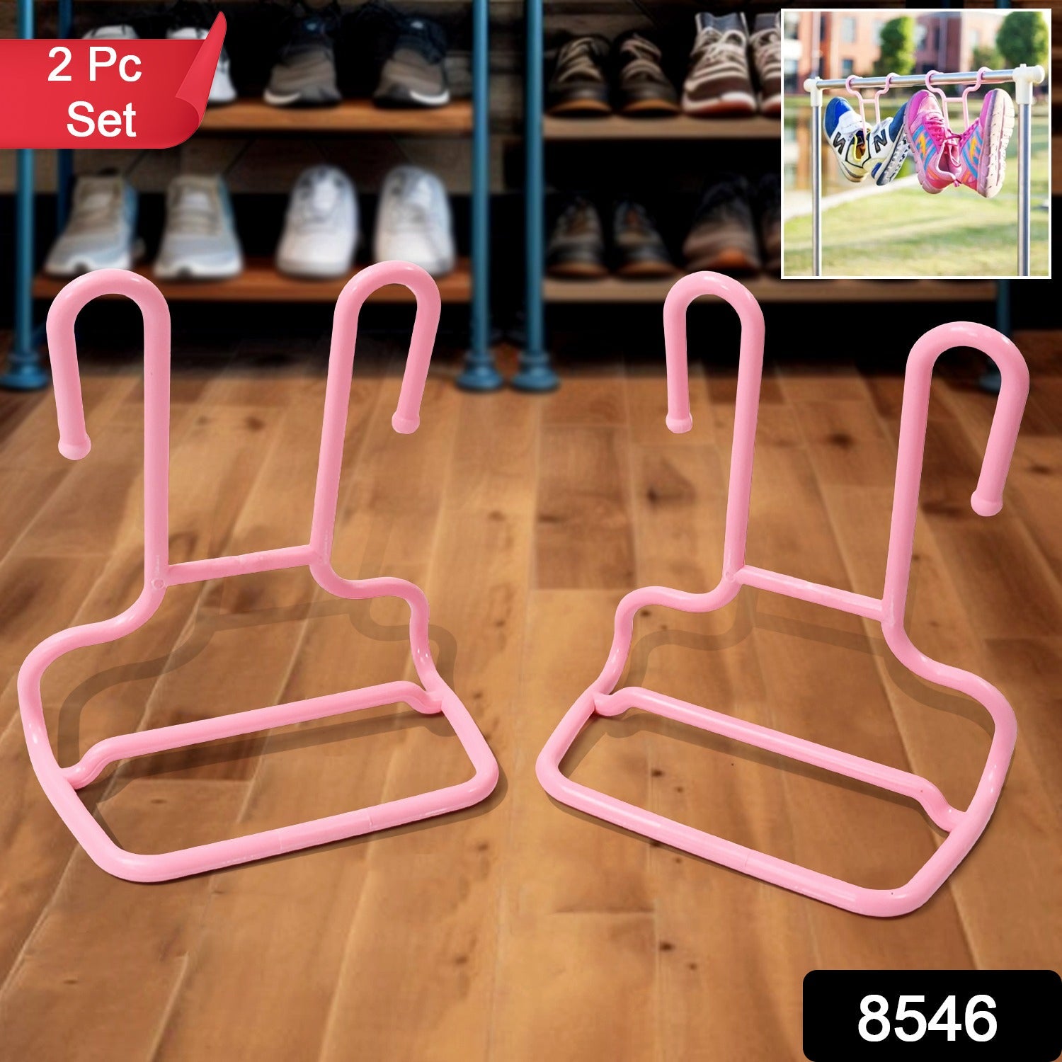 Two pink plastic shoe drying racks are on a wooden floor, with a small inset showing shoes drying outdoors.
