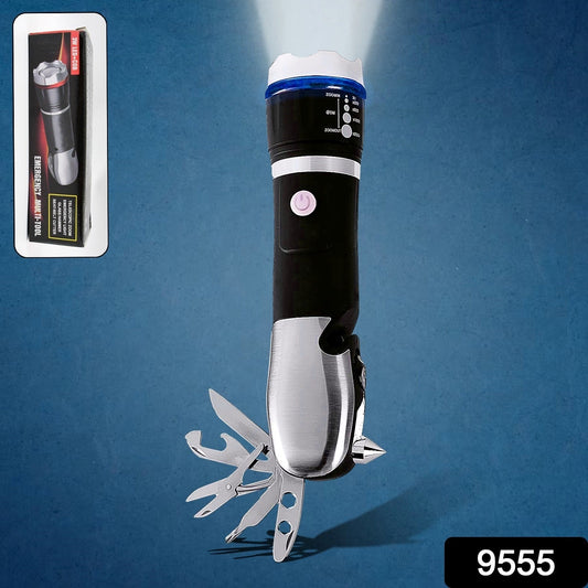 The multi-tool LED flashlight with extended tools and a bright beam, with its white and red retail packaging in the upper