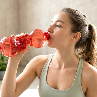 Front view of 550ML dumbbell shaped water bottle made of durable plastic