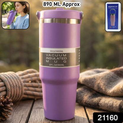 Spill-resistant lid on vacuum insulated travel mug showing reusable clear straw