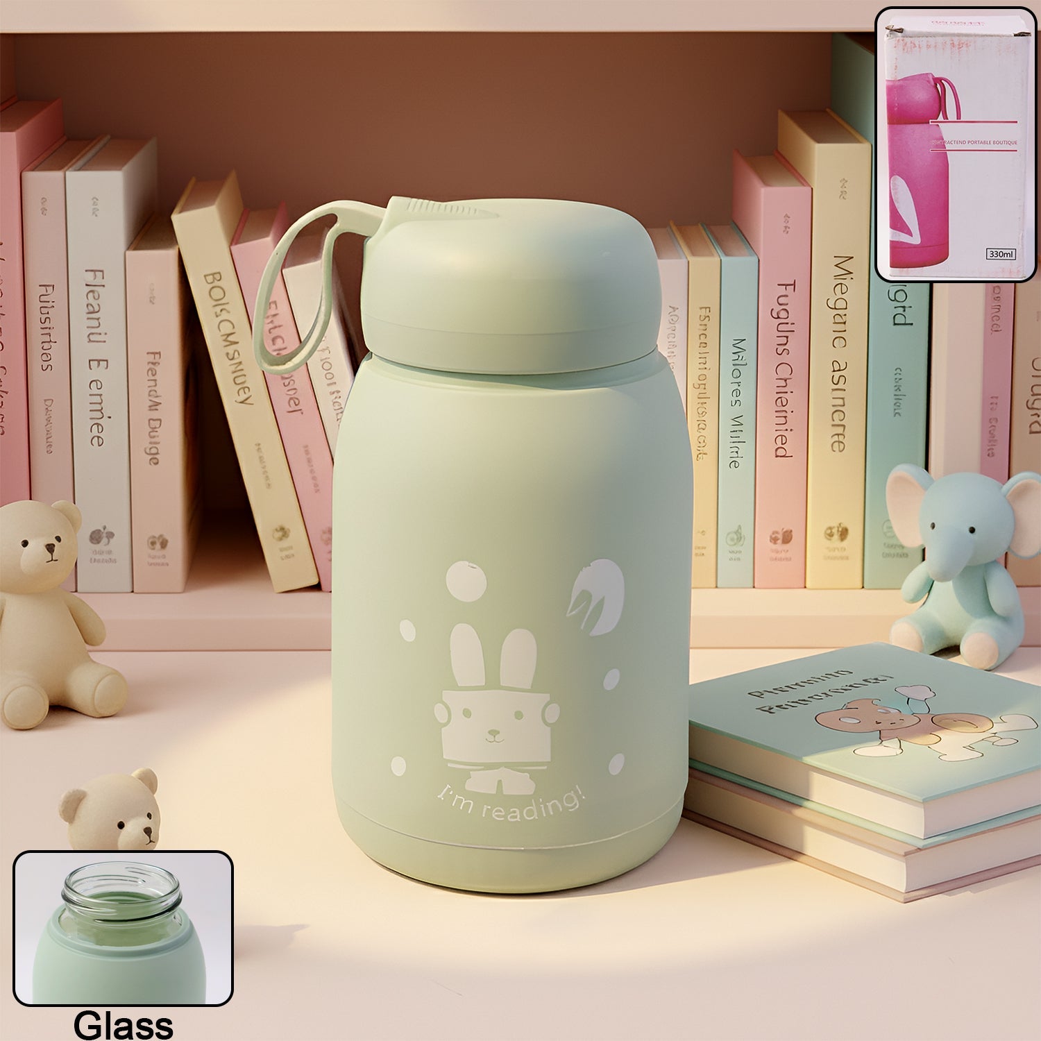 Rabbit printed insulated glass water bottle