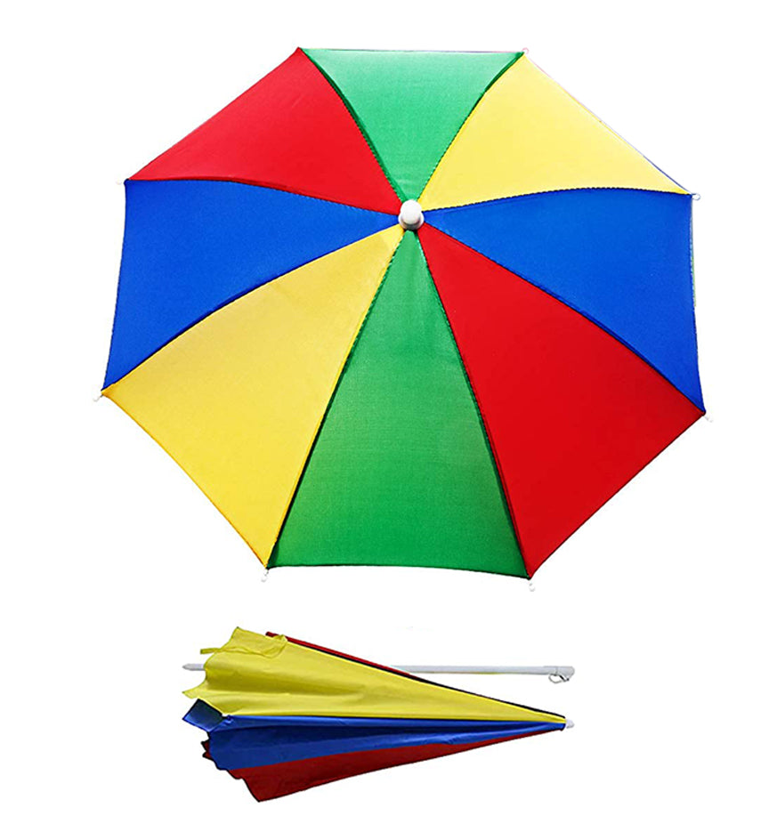 A colorful DrizzlePro umbrella is shown open from above, with a folded version of the umbrella below it on a white