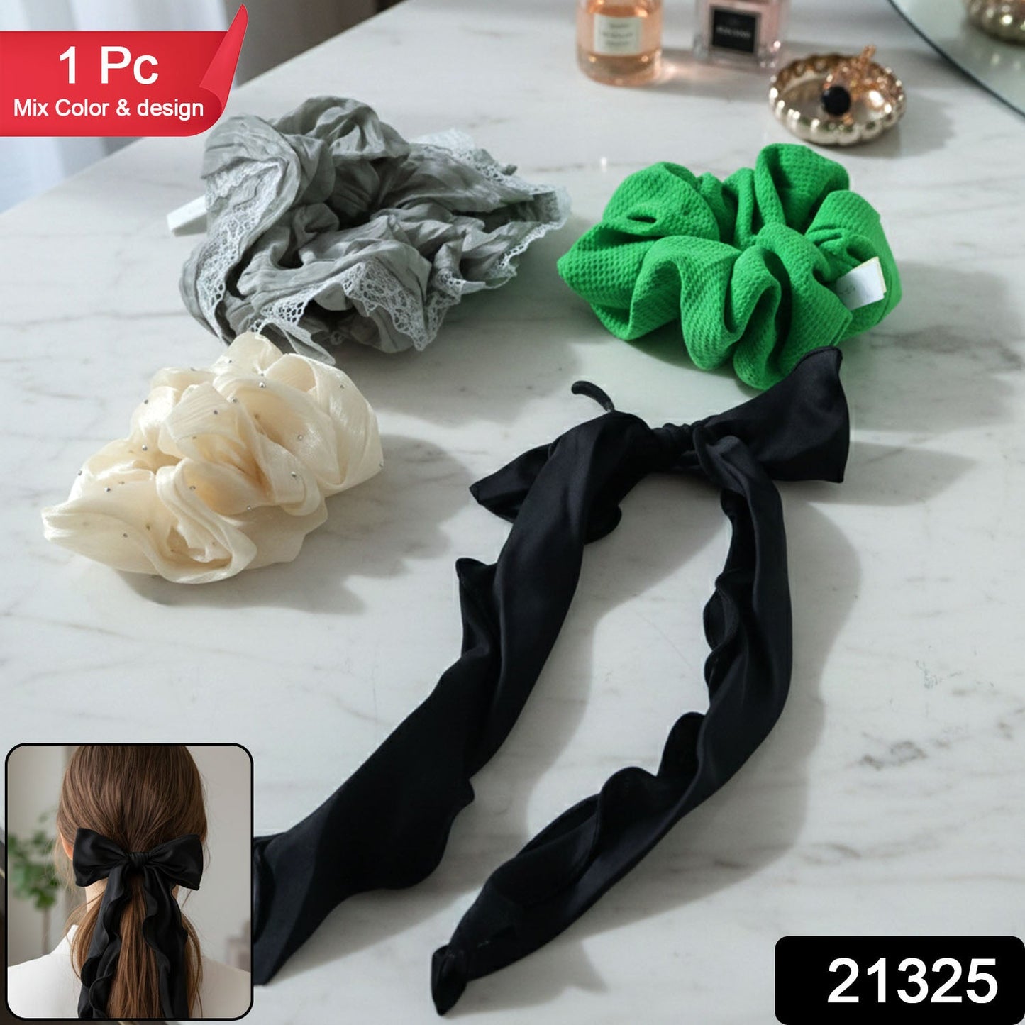 Stretchable bow tie hair scrunchie featuring soft fabric for secure hold