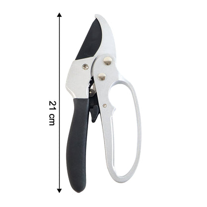 Precision pruning shears trimming a rose bush branch, highlighting their versatility.