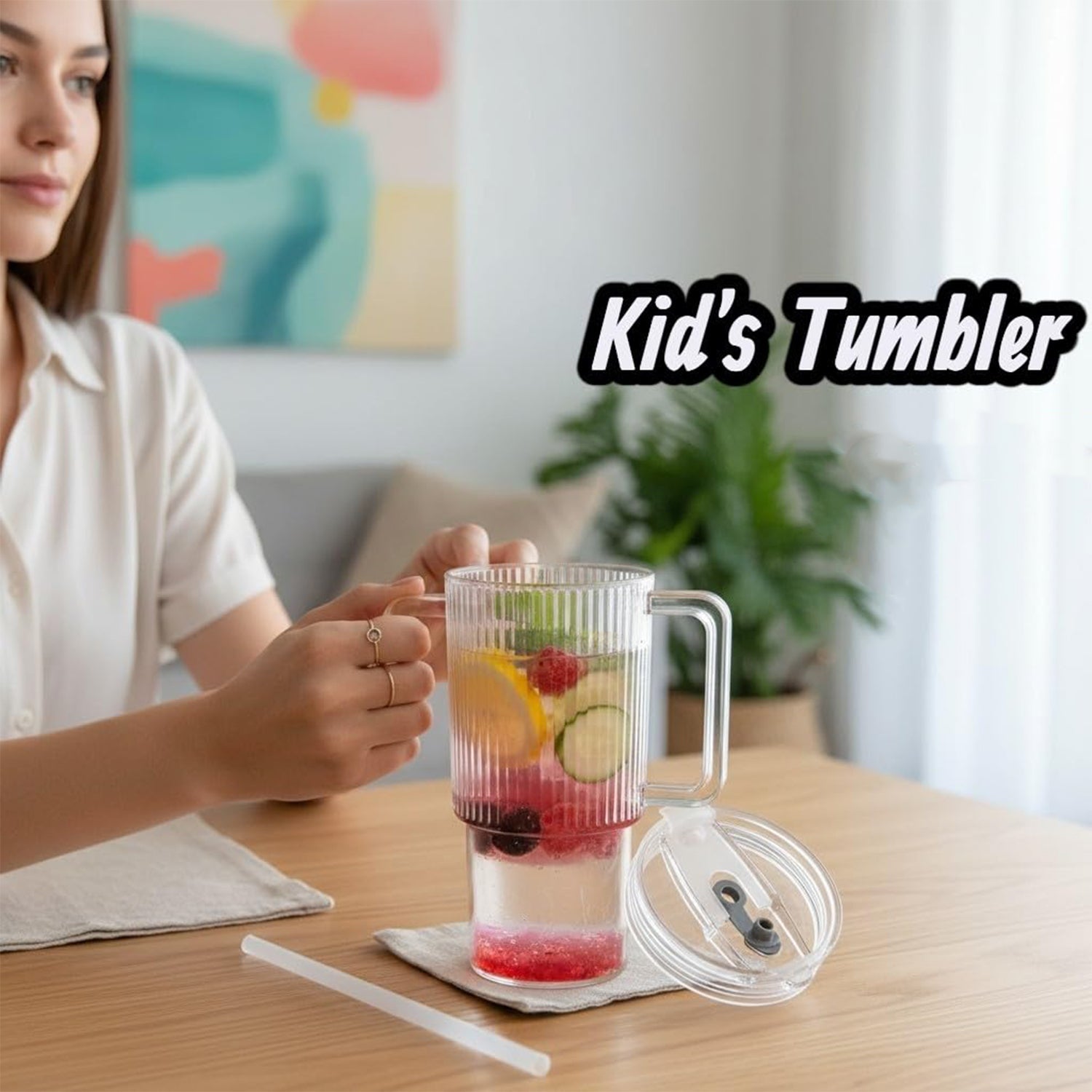 Kids Tumbler 900ml with Handle Lid and Straw Ribbed Water Sipper Cup (1 Pc) view 9