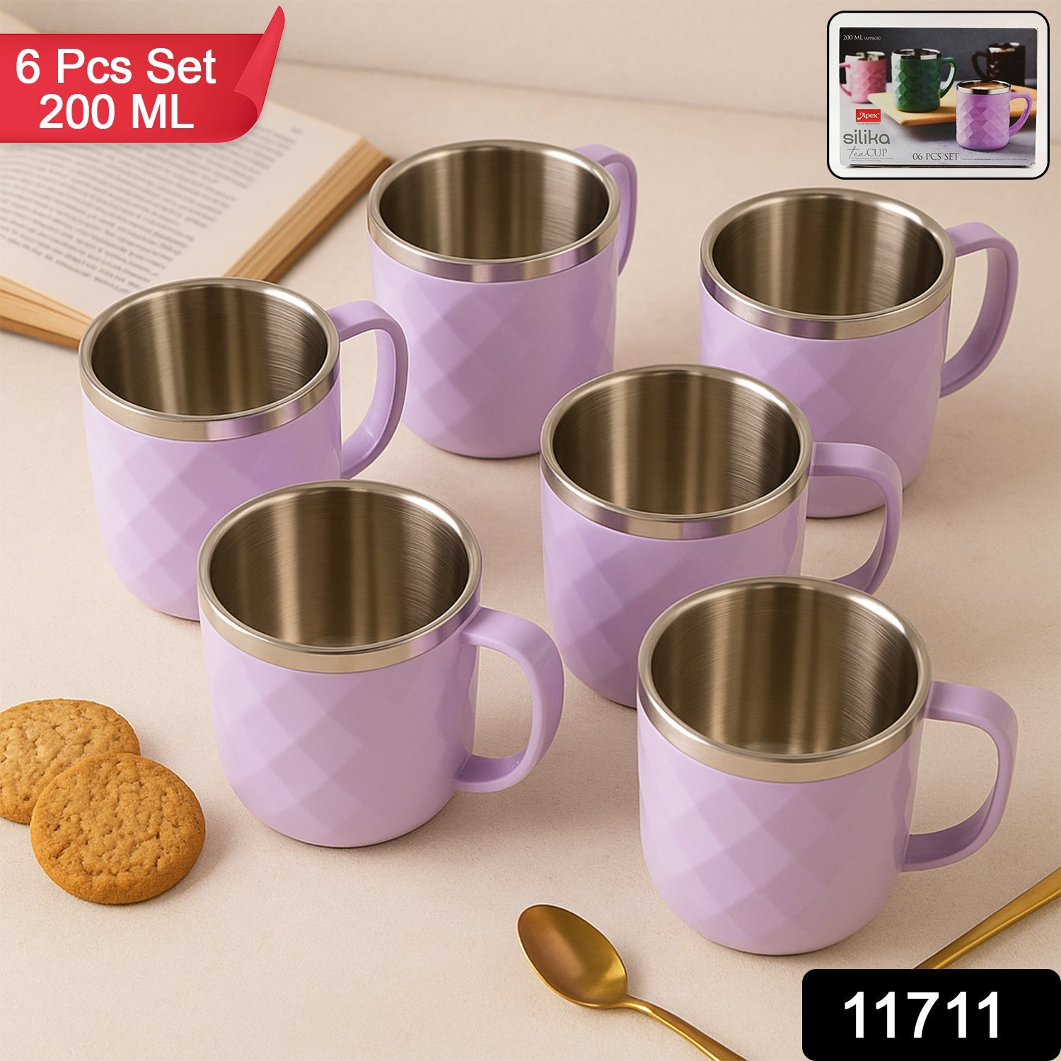 Close-up of stainless steel tea cup with ergonomic handle and diamond texture
