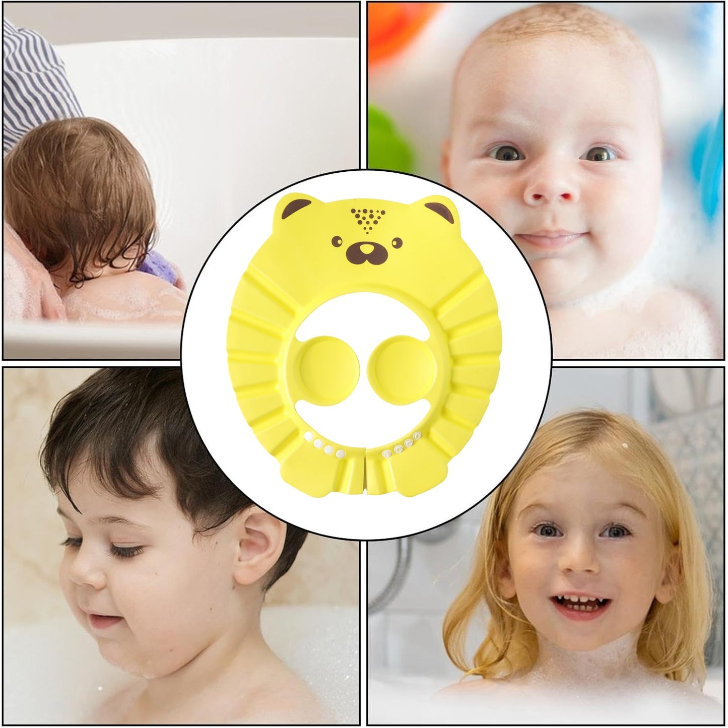 A baby in a bathtub happily wears a cartoon bathing hat with a playful design, keeping water out.