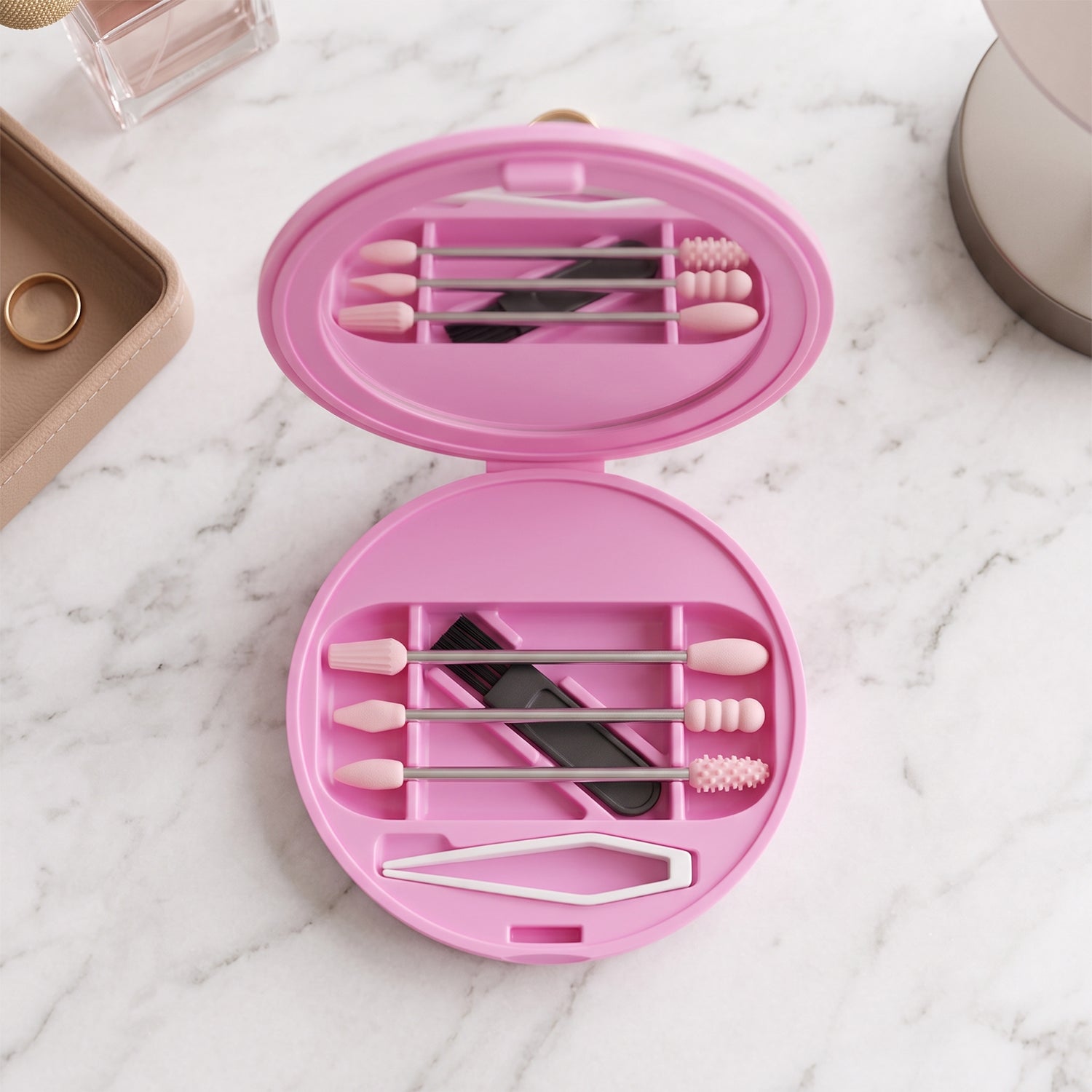 Reusable cotton swabs with storage case and mirror lid