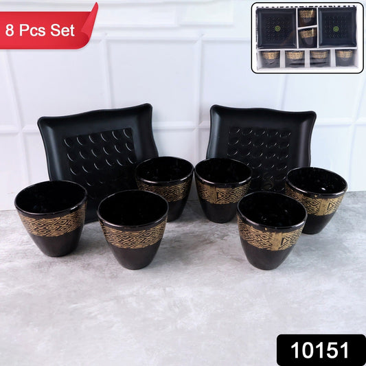 Side view of the Indo Glow ceramic cups and bowls, showcasing their glossy finish.