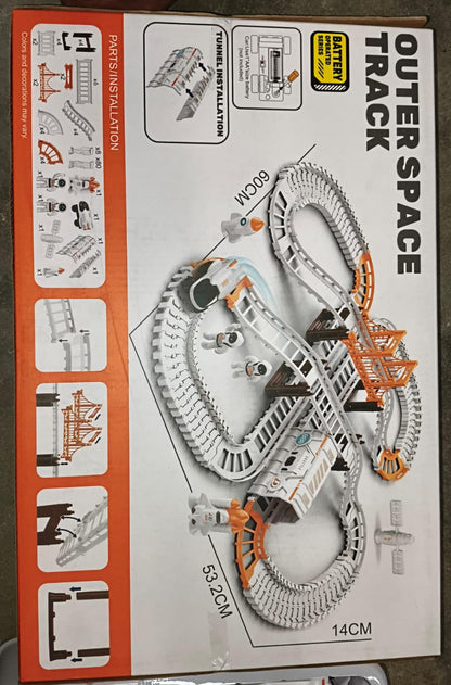 Components of the Space Race Track Set laid out for assembly.